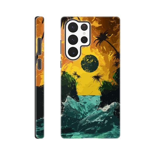 A Samsung Galaxy S22 Ultra Phone Case with the following design on it - Two green islands separated by a violent royal green sea: yellow orangish sky: black sun, alien looking palm trees, surrealism