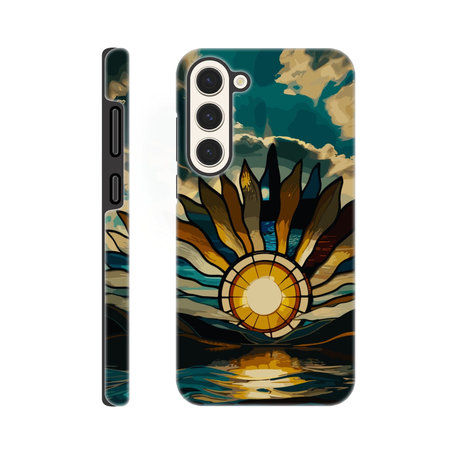 A Samsung Galaxy S23 Plus Phone Case with the following design on it: A giant stained glass sun, with rays of light reflecting on the water below, in a cinematic, epic, fantasy art style