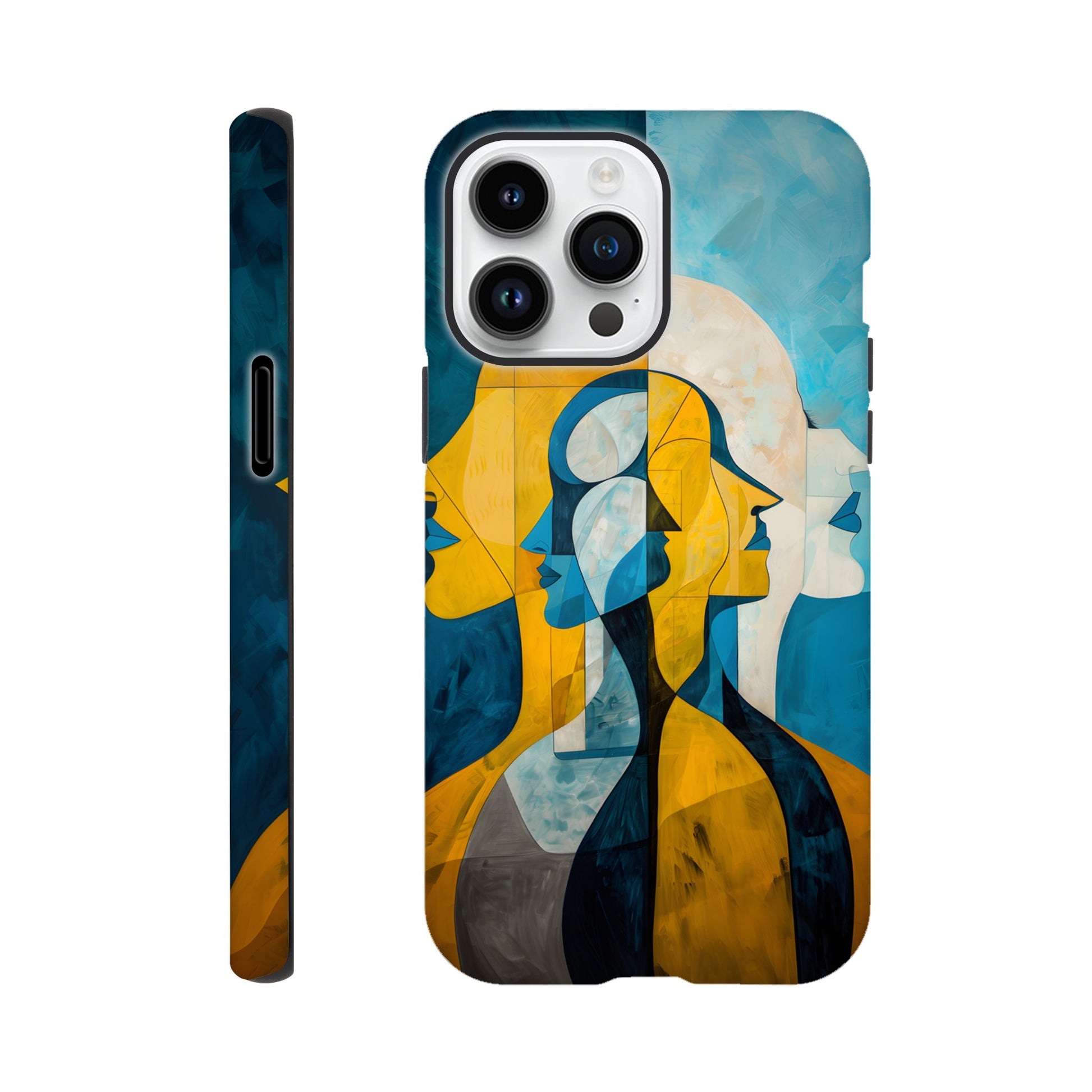 An Apple iPhone 14 Pro Max Phone Case with the following design on it - the Gemini Astrological sign depicting twins facing away from one another, the twins are of no specific sexual or ethnic orientation, yellow, baby blue, white, cubism