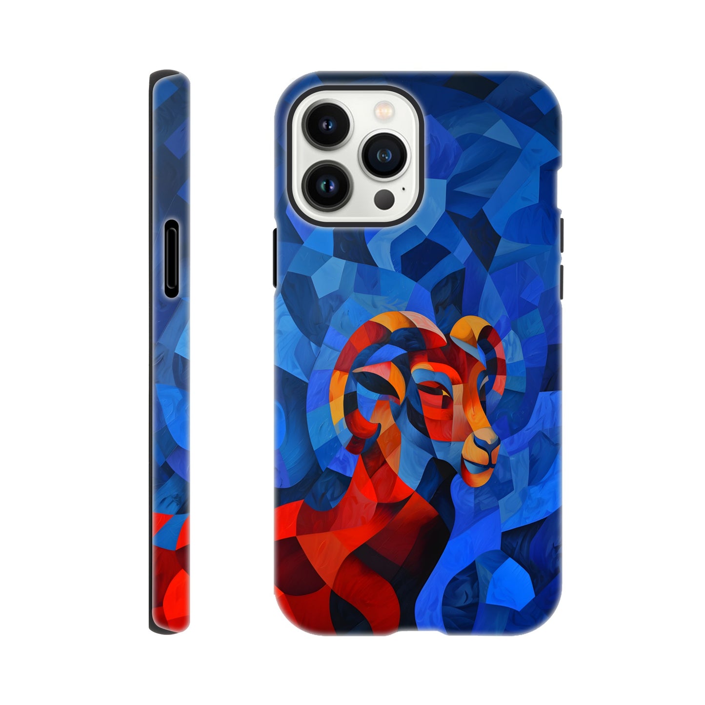 An Apple iPhone 13 Pro Max Phone Case with a design of an Aries astrological sign- a Ram, in the style of cubism, blue, red,