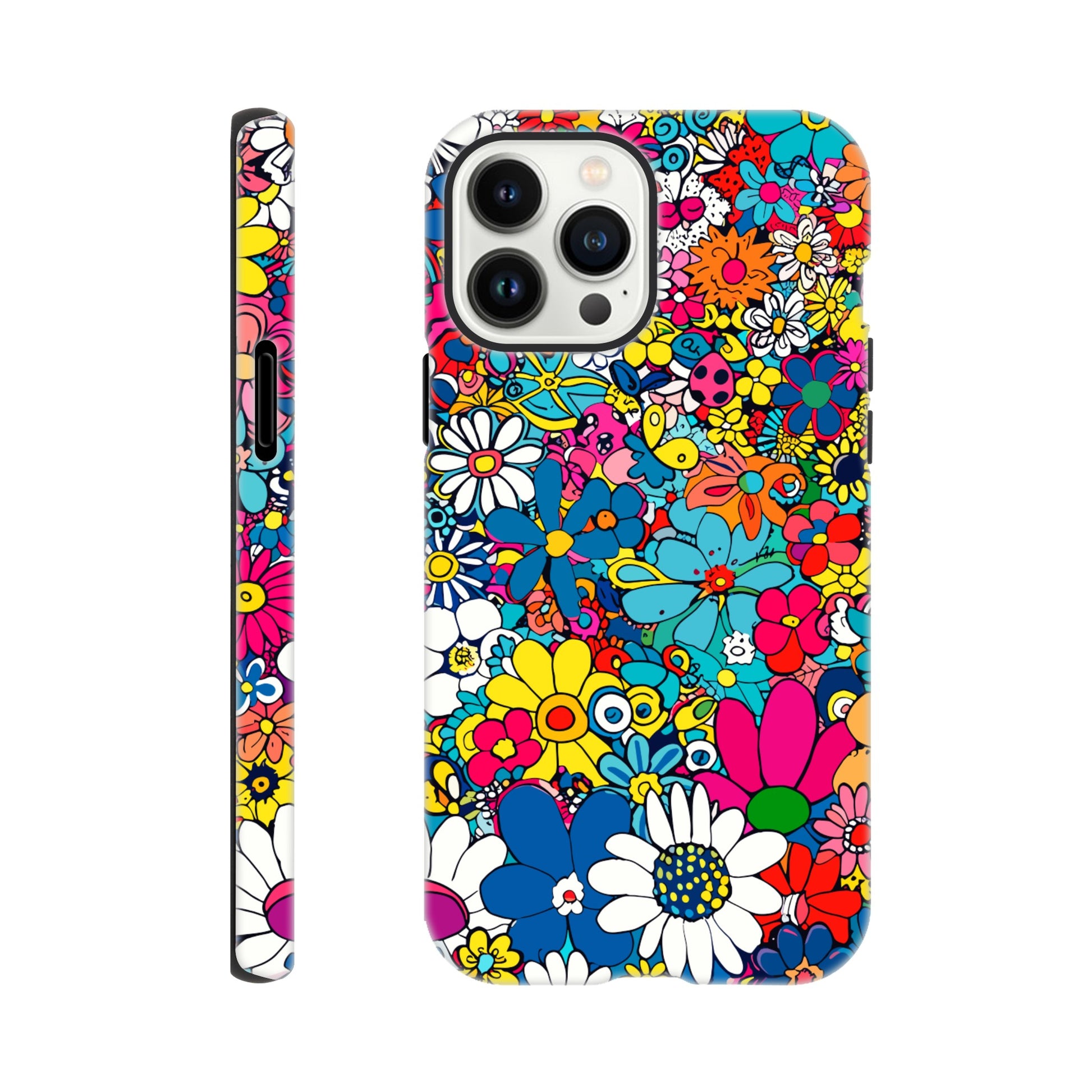 An Apple iPhone 13 Pro Max Phone Case with the following design on it : Lots of retro looking flowers of multiple colors with no discernible arrangement against a white background. 