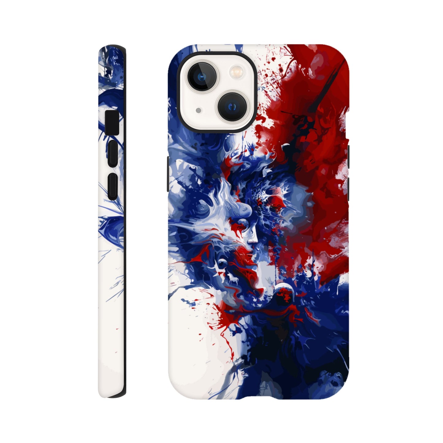 An Apple iPhone 13 Phone Case with the following design on it: Abstract Blue and Red Painting, white background, ink painting, splash art in the style of ink painting, human profile in the middle which seems to be depicting someone in deep thought 