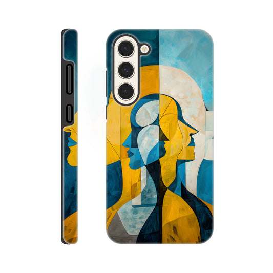 A Samsung Galaxy S23 Plus Phone Case with the following design on it - the Gemini Astrological sign depicting twins facing away from one another, the twins are of no specific sexual or ethnic orientation, yellow, baby blue, white, cubism