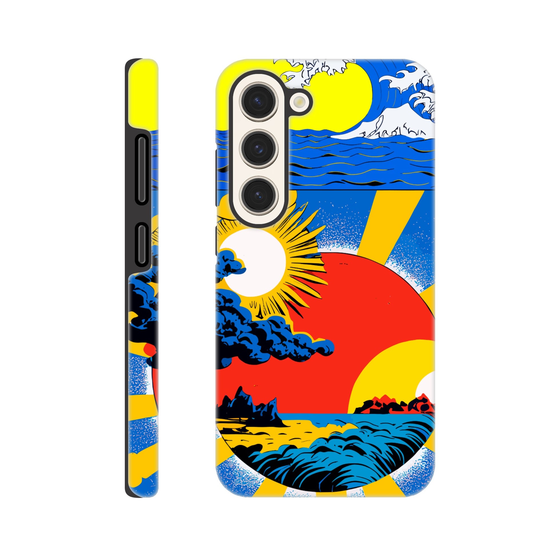 A Samsung Galaxy S23 Phone Case with the following design on it: sun and clouds, blue sky with yellow rays of light, sun setting in the background, in the style of a Japanese illustration, blue sea wave on top left corner, red circle below centered, blue storm clouds inside red dot, colorful poster print style