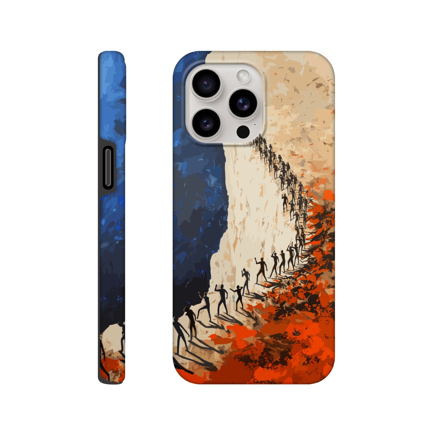 An Apple iPhone 15 Pro Max Phone Case with the following design on it: a very large group of human forms all pointing in different directions as they are marching towards a cliff, royal blue, white, red, orange, style of fauvism