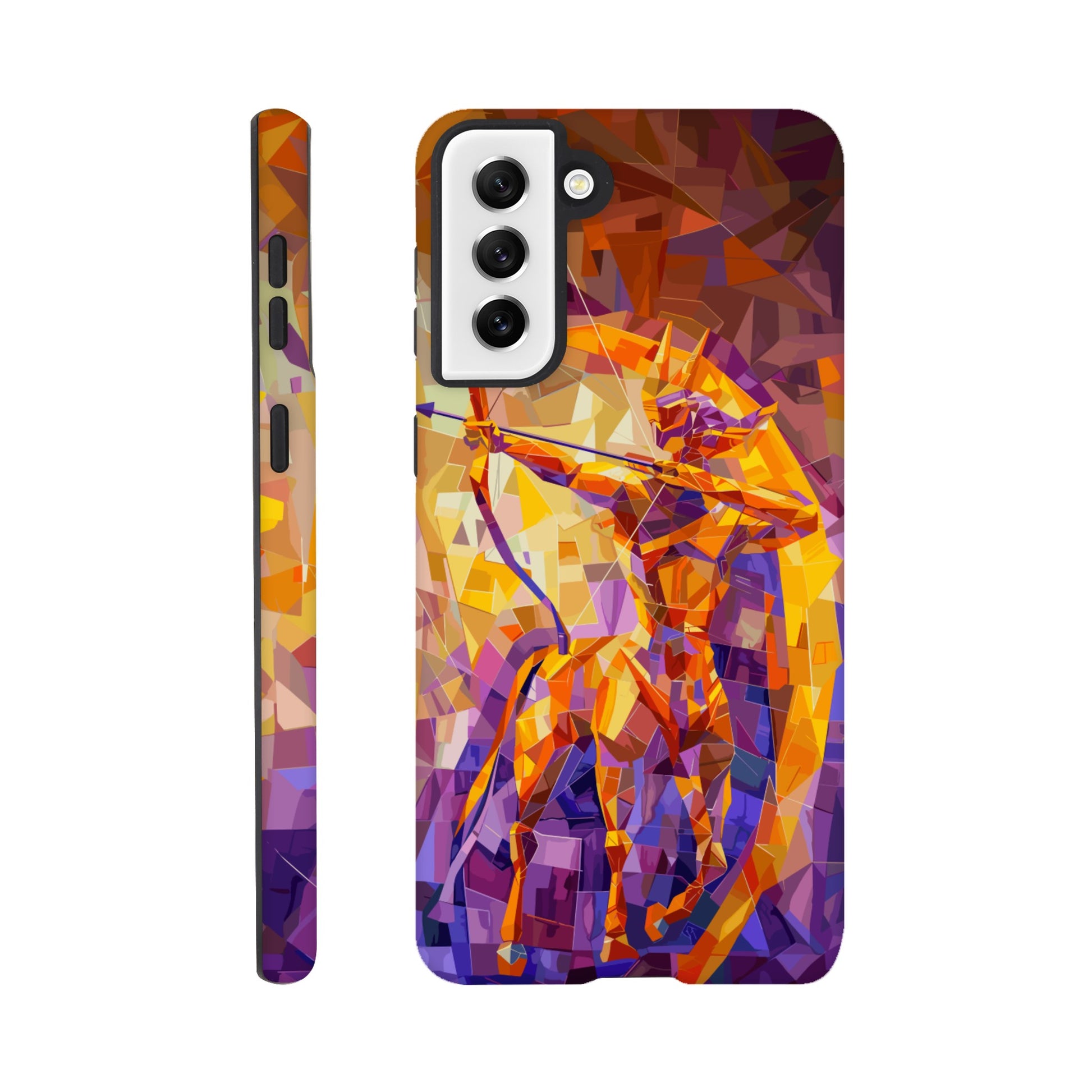 A Samsung Galaxy S21 Plus Phone Case with the following design on it: A centaur- the half man half horse archer and symbol of the astrological sign Sagittarius, the character is imagined through an artist who is adept at the artistic style of cubism, orange, purple, yellow