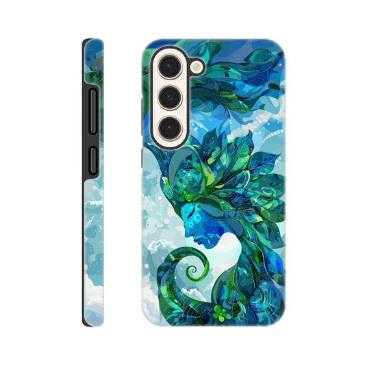 A Samsung Galaxy S23 Phone Case with the following design on it: digital illustration of the symbol for the Zodiac symbol for Virgo, abstract Maiden, swirling in the sky with clouds and blue background, vibrant green and dark blues, digital art style, detailed shading, intricate details, fantasy elements, fantasy-inspired designs, fantasy realism