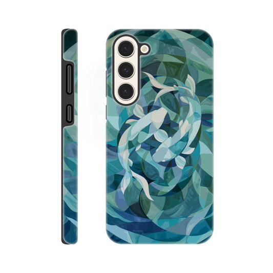 A Samsung Galaxy S23 Plus Phone Case with the following design on it : A representation of the Pisces zodiac sign depicted as follows - A geometric abstract painting of fish swimming in circles, using shades and shapes to create the illusion that they form an endless circle. The color palette is soft with pastel blues and greens, giving it a calming effect. This artwork symbolizes motion, energy flow, chaos theory, infinite reflection, balance between movement and stillness