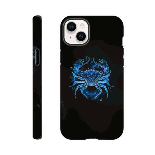 An Apple iPhone 14 Plus Phone Case with the following design - A simple white line drawing of the symbol for Cancer-a Crab, with blue outlines on black background. The design is minimalistic and elegant, focusing only on basic shapes to represent the zodiac sign's symbolism in astrology. It has an art deco style that highlights its curves and swirls, creating a sense of motion or energy within each curve.