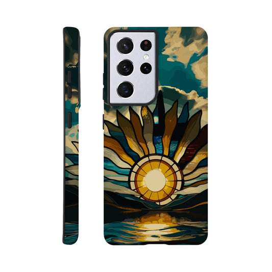 A Samsung Galaxy S21 Ultra Phone Case with the following design on it: A giant stained glass sun, with rays of light reflecting on the water below, in a cinematic, epic, fantasy art style