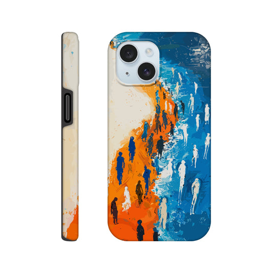 An iPhone 15 Phone Case with the following design on it - the Sahara desert pouring into a beautiful ocean while a large group of non distinct human forms wade through the shallows as well as walk along the new shore, blue, orange, white, style of fauvism