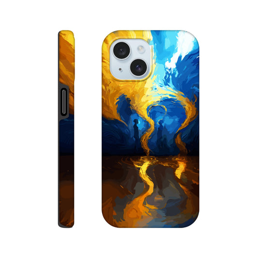 An iPhone 15 Phone Case with the following design on it -An abstract image of flowing thunder/lightning and waves. The colors of blue, orange, and yellow. There are two human forms facing each other in the middle of the image.