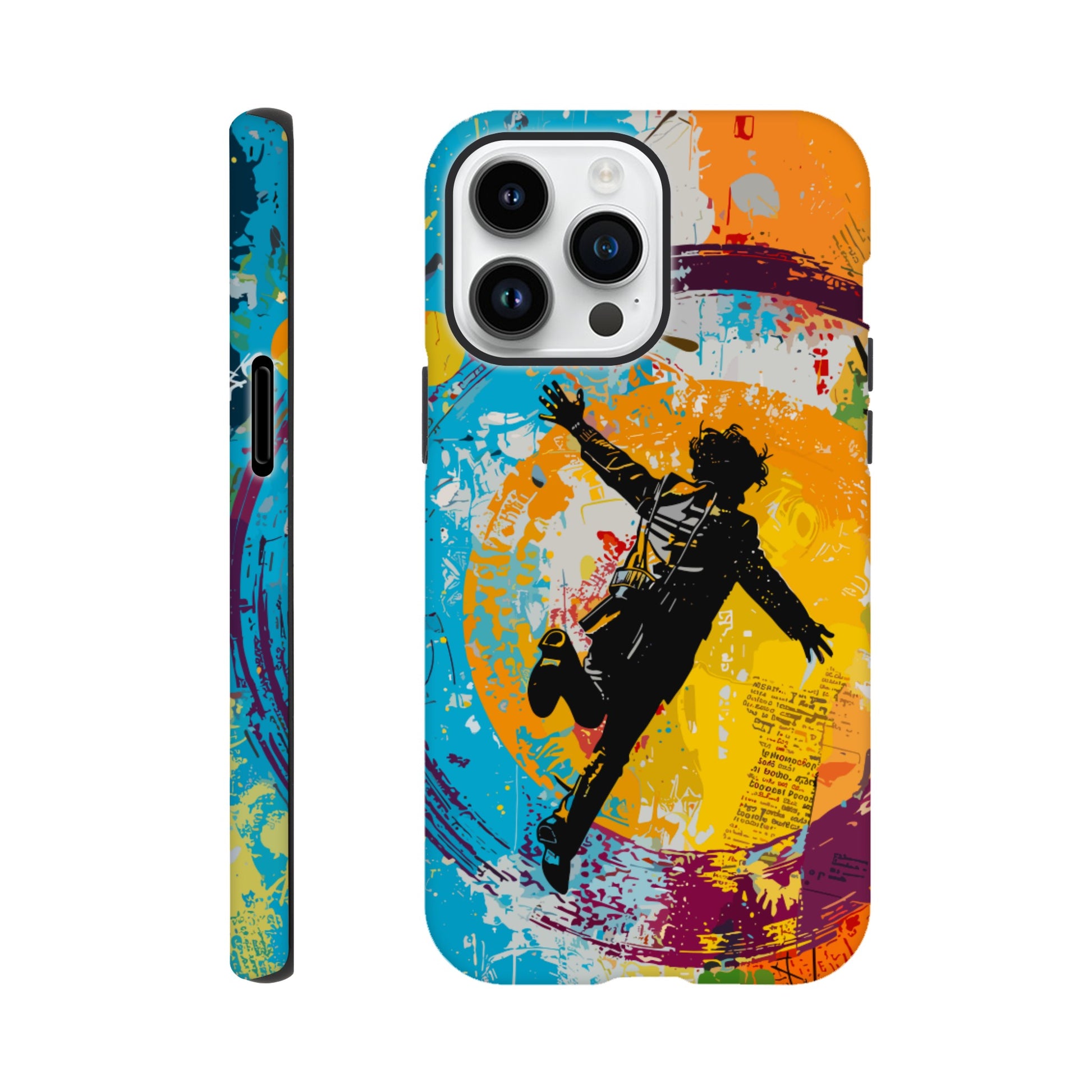 An Apple iPhone 14 Pro Max Phone Case with the following design on it -A graffiti style painting of the back of a human male in a suit falling in mid-air, with bold colors. The background is filled with vibrant splashes of color and newspaper texture in the style of American pop art