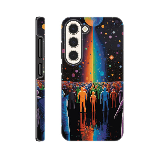 A Samsung Galaxy S23 Phone Case with the following design on it : A cartoonish image of a colorful crowd of people on the surface of an alien planet, with rainbows and stars in the background. The design incorporates different colors to create a visually appealing composition. The lighting creates a sense of depth and dimension. The overall effect conveys wonderment and excitement as if looking out into space