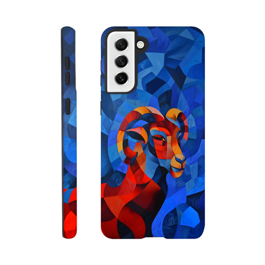 A Samsung Galaxy S21 Plus Phone Case with a design of an Aries astrological sign- a Ram, in the style of cubism, blue, red,