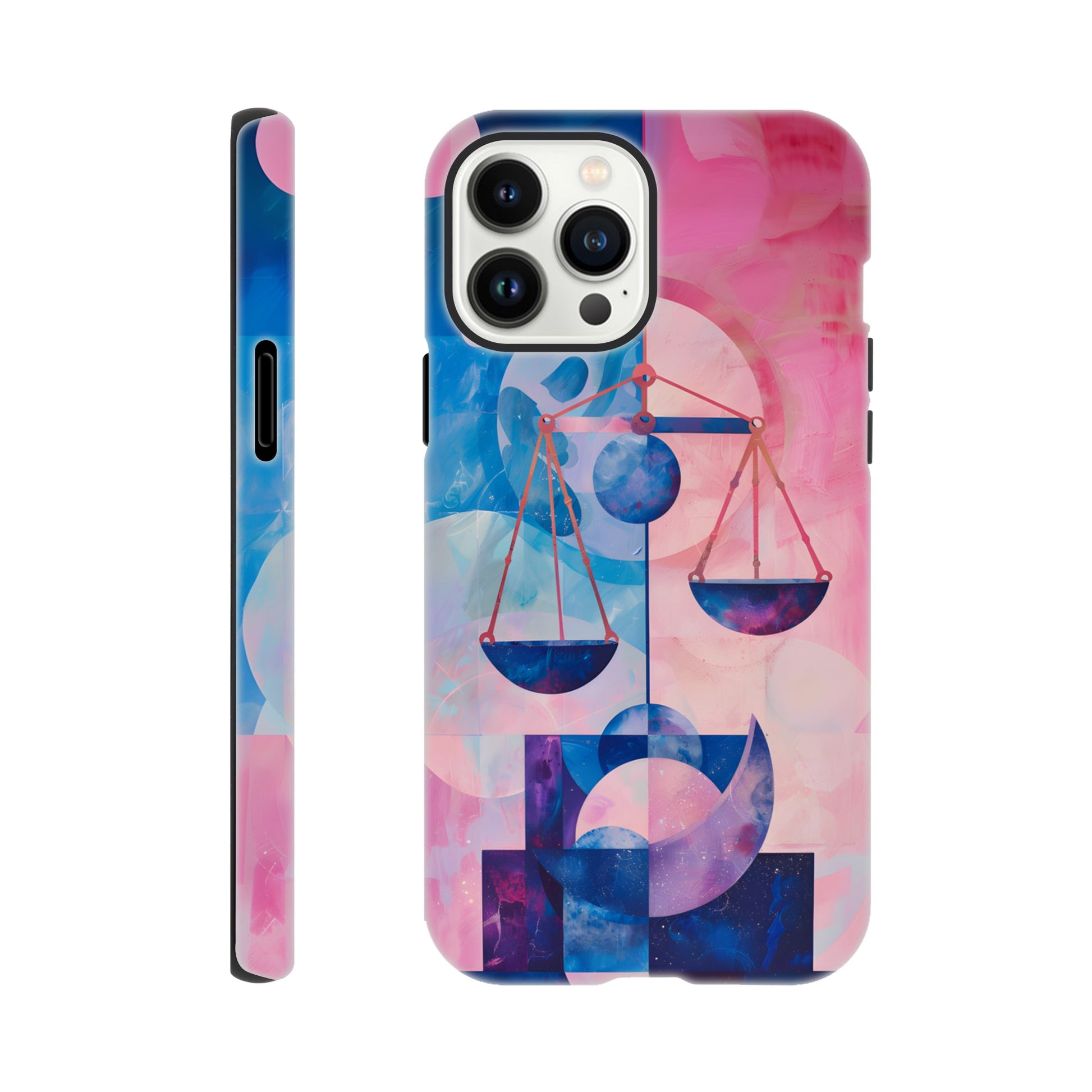 An Apple iPhone 13 Pro Max Phone Case with the following design on it : The Zodiac symbol for Libra, scales of justice theme, planet Venus in the background, Bauhaus style, royal blue, light pink