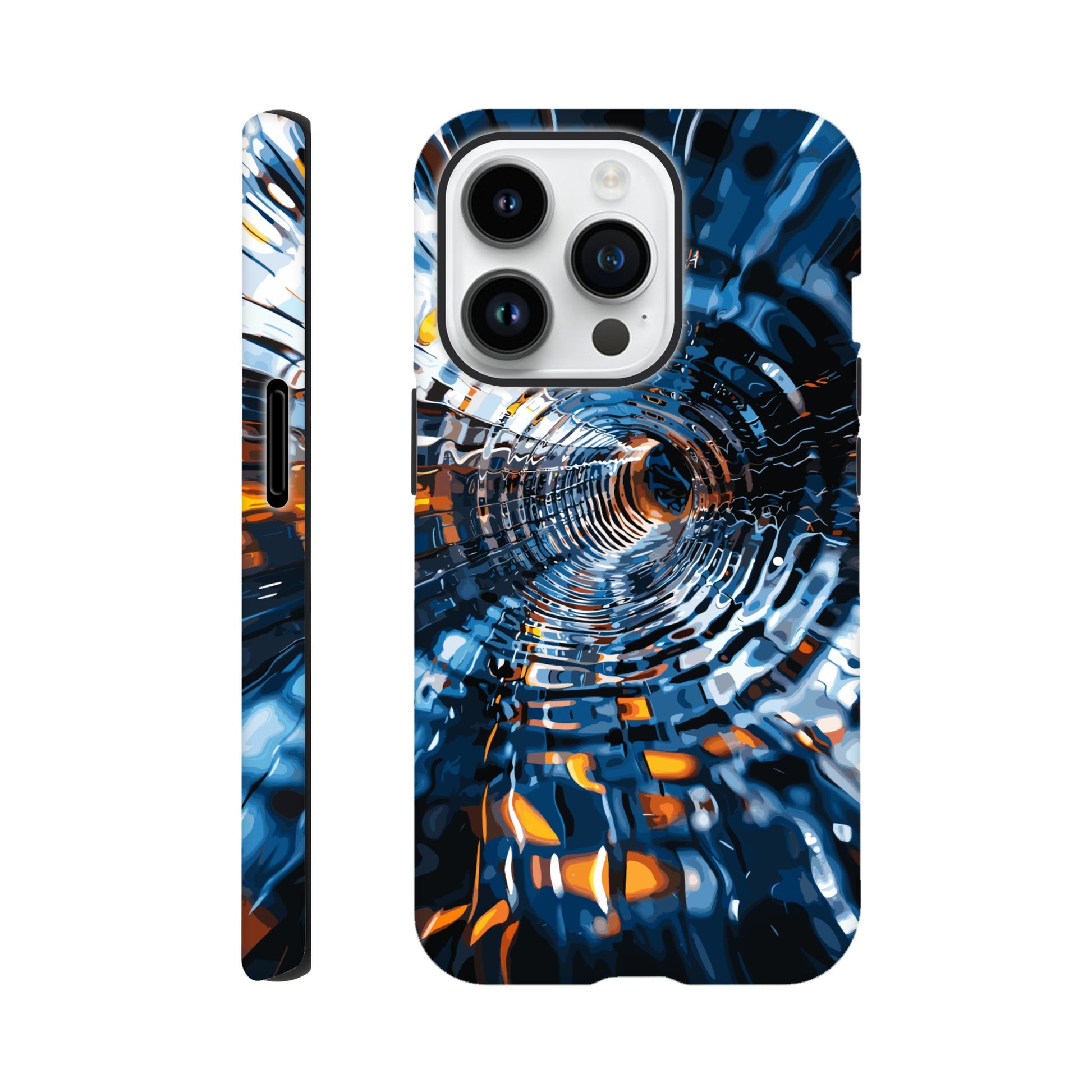 An Apple iPhone 14 Pro Phone Case with the following design on it: abstract futuristic tunnel made of chrome and glass, motion blur, dark blue background, orange highlights. The tunnel was created in the style of an abstract futuristic design using chrome and glass with a motion blur effect against a dark blue background highlighted with orange