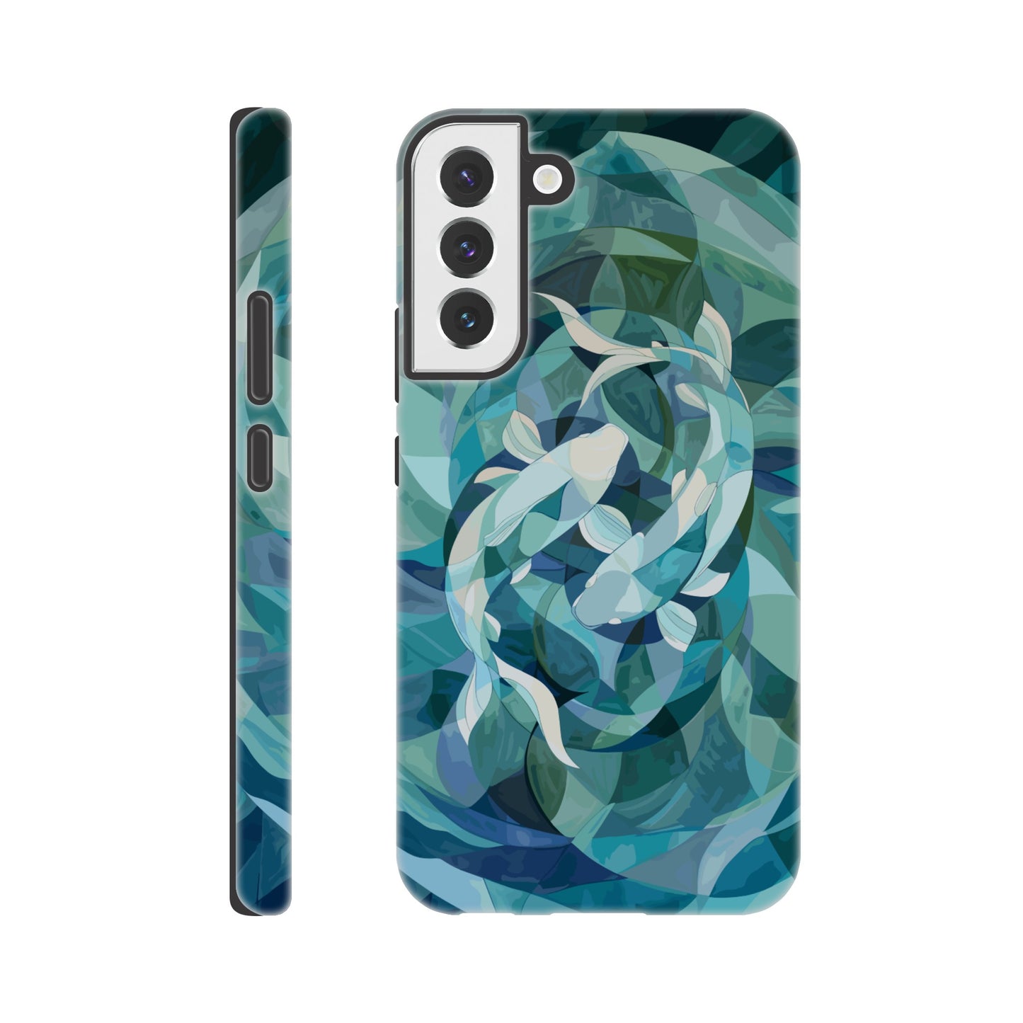 A Samsung Galaxy S22 Plus Phone Case with the following design on it : A representation of the Pisces zodiac sign depicted as follows - A geometric abstract painting of fish swimming in circles, using shades and shapes to create the illusion that they form an endless circle. The color palette is soft with pastel blues and greens, giving it a calming effect. This artwork symbolizes motion, energy flow, chaos theory, infinite reflection, balance between movement and stillness