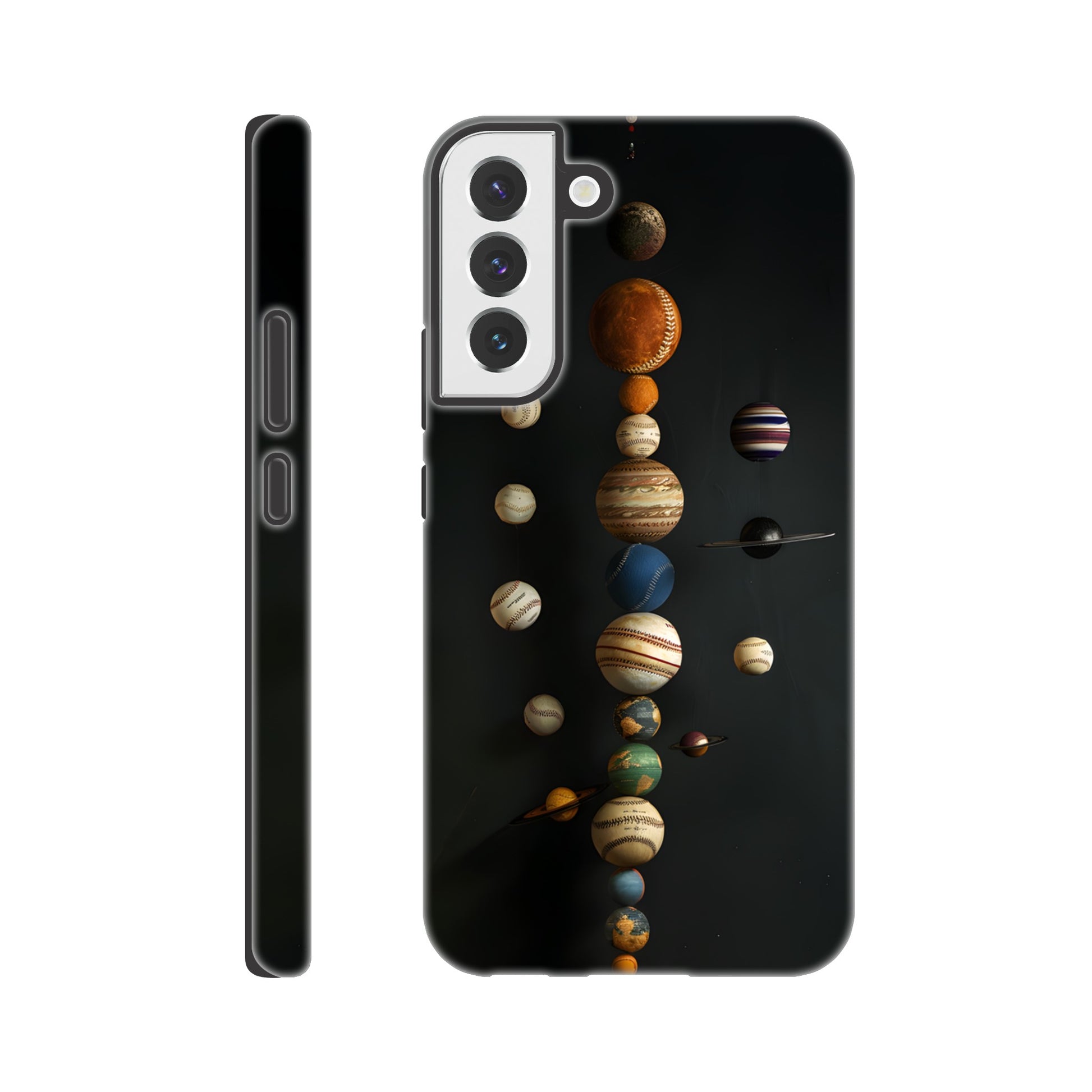 A Samsung Galaxy S22 Plus phone case with a design depicting our solar system with baseballs in place of planets