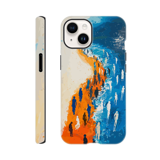 An iPhone 14 Phone Case with the following design on it - the Sahara desert pouring into a beautiful ocean while a large group of non distinct human forms wade through the shallows as well as walk along the new shore, blue, orange, white, style of fauvism