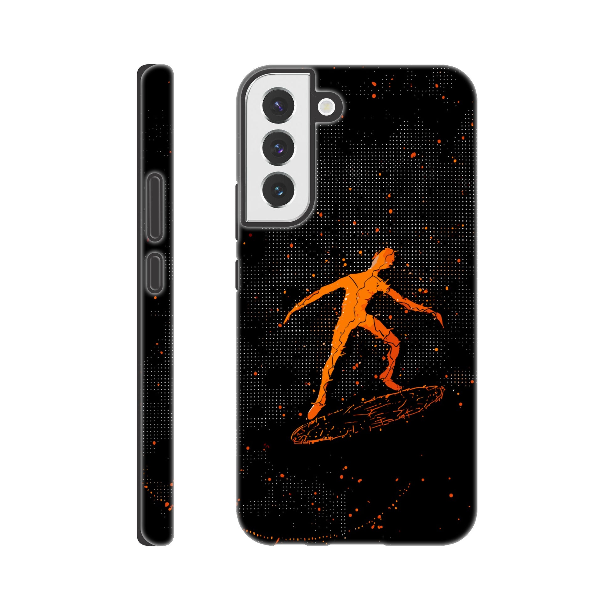 A Samsung Galaxy S22 Plus Phone Case with the following design on it : orange glowing silhouette of a male surfer against a black background, in the style of digital art, dark orange and light amber, pointillist dot paintings, high resolution, symmetrical grid-like patterns, minimalist figures, glitched edges