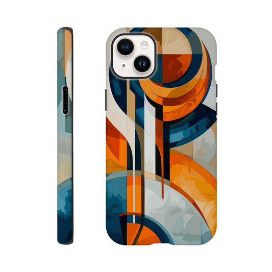 An Apple iPhone 14 Plus Phone Case with the following design on it: An abstract painting of an orange, blue and white circular design with lines in the style of cubism. The shapes create visual harmony by creating balance between soft curves and sharp angles. It uses flat color to give depth through gradients. There is an emphasis on the use of light and shadow. In some places there's an airbrush effect