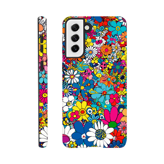 A Samsung Galaxy S21 Plus Phone Case with the following design on it : Lots of retro looking flowers of multiple colors with no discernible arrangement against a white background. 