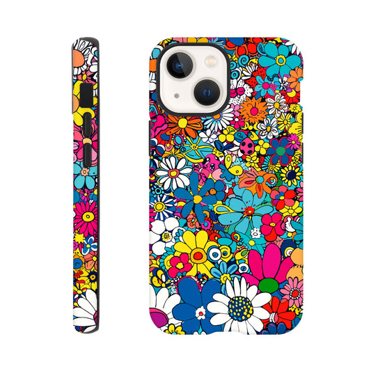 An Apple iPhone 13 Mini Phone Case with the following design on it : Lots of retro looking flowers of multiple colors with no discernible arrangement against a white background. 