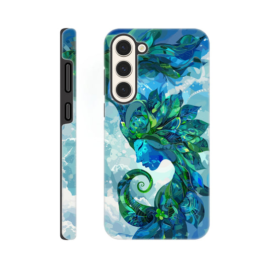 A Samsung Galaxy S23 Plus Phone Case with the following design on it: digital illustration of the symbol for the Zodiac symbol for Virgo, abstract Maiden, swirling in the sky with clouds and blue background, vibrant green and dark blues, digital art style, detailed shading, intricate details, fantasy elements, fantasy-inspired designs, fantasy realism