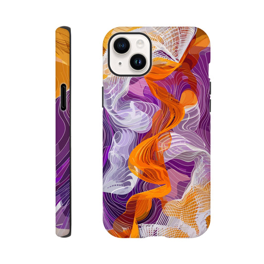 An Apple iPhone 14 Plus Phone Case with the following design on it - A modern digital art piece of an abstract representation of waves and swirls, with orange and purple hues, composed from flowing lines in a white mesh pattern, creating the illusion that they flow like ribbons or threads. The background is a gradient of these colors, adding depth to the composition. This artwork symbolizes movement, fluidity, and dynamic energy through its intricate design.