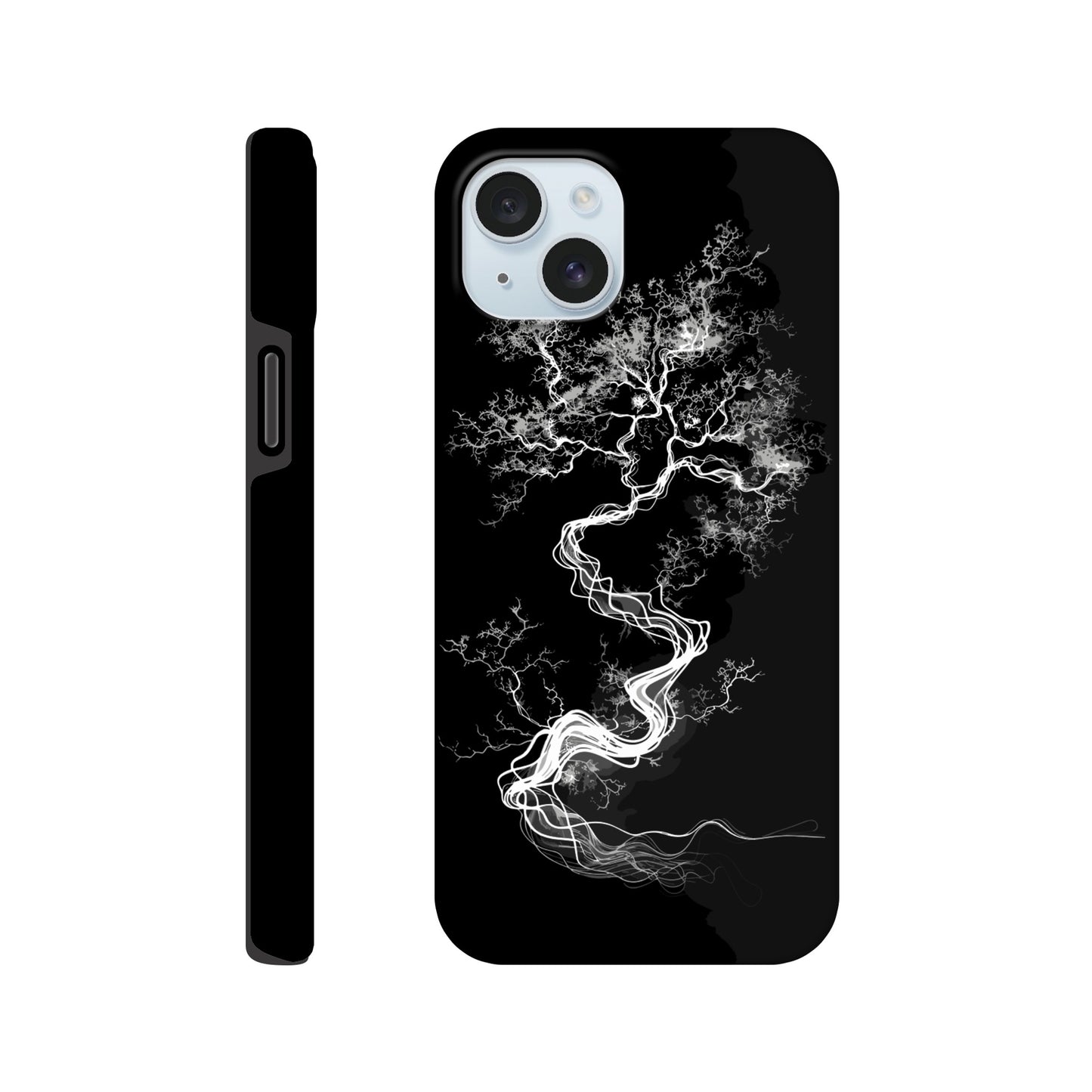 An Apple iPhone 15 Plus Phone Case with the following design on it - a sketch of a white fractal tree against a black background