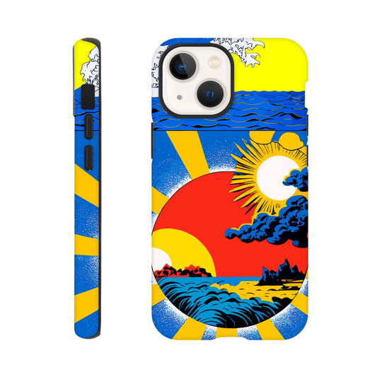 An Apple iPhone 13 Mini Phone Case with the following design on it: sun and clouds, blue sky with yellow rays of light, sun setting in the background, in the style of a Japanese illustration, blue sea wave on top left corner, red circle below centered, blue storm clouds inside red dot, colorful poster print style