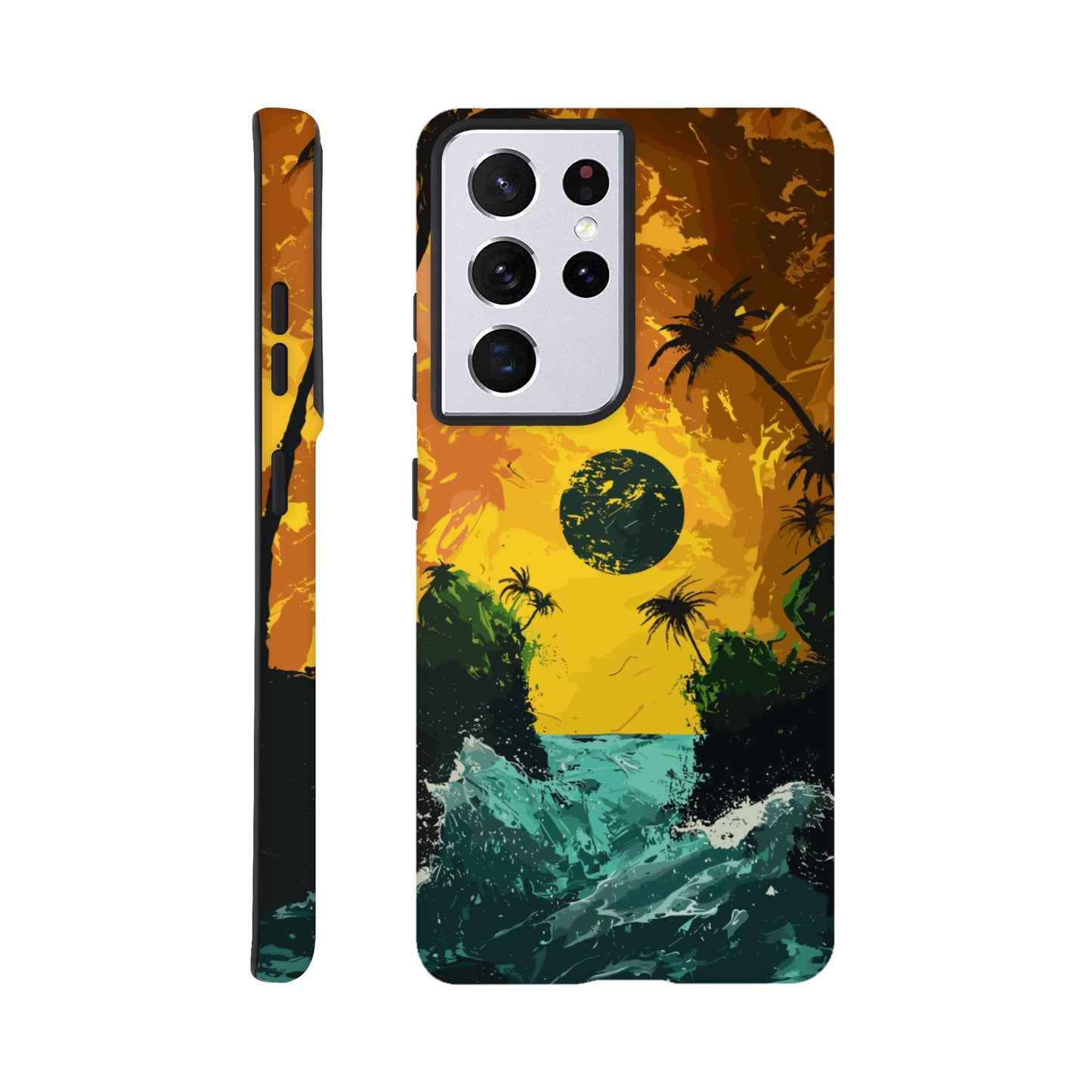 A Samsung Galaxy S21 Ultra Phone Case with the following design on it - Two green islands separated by a violent royal green sea: yellow orangish sky: black sun, alien looking palm trees, surrealism