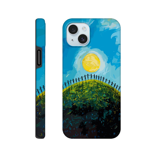 An Apple iPhone 15 Plus Phone Case with the following design on it : a large group of dozens of non distinct human forms holding hands under a bright sun on a beautiful green hill with a beautiful blue sky above, pop art