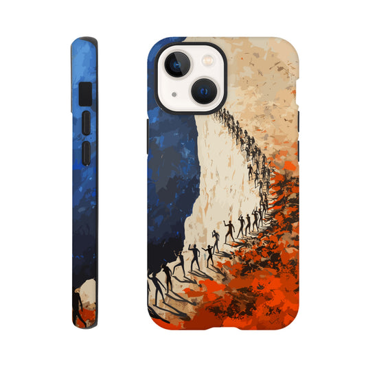 An Apple iPhone 13 Mini Phone Case with the following design on it: a very large group of human forms all pointing in different directions as they are marching towards a cliff, royal blue, white, red, orange, style of fauvism