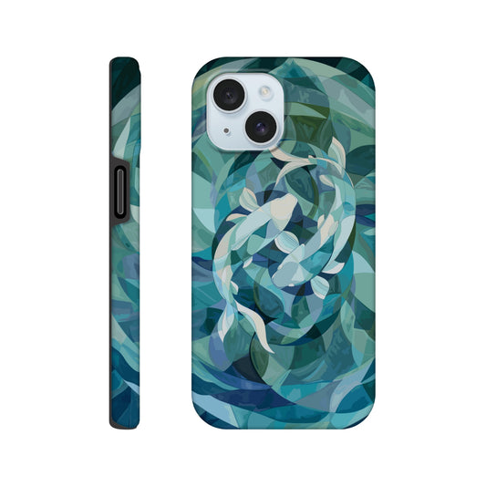 An Apple iPhone 15 Phone Case with the following design on it : A representation of the Pisces zodiac sign depicted as follows - A geometric abstract painting of fish swimming in circles, using shades and shapes to create the illusion that they form an endless circle. The color palette is soft with pastel blues and greens, giving it a calming effect. This artwork symbolizes motion, energy flow, chaos theory, infinite reflection, balance between movement and stillness