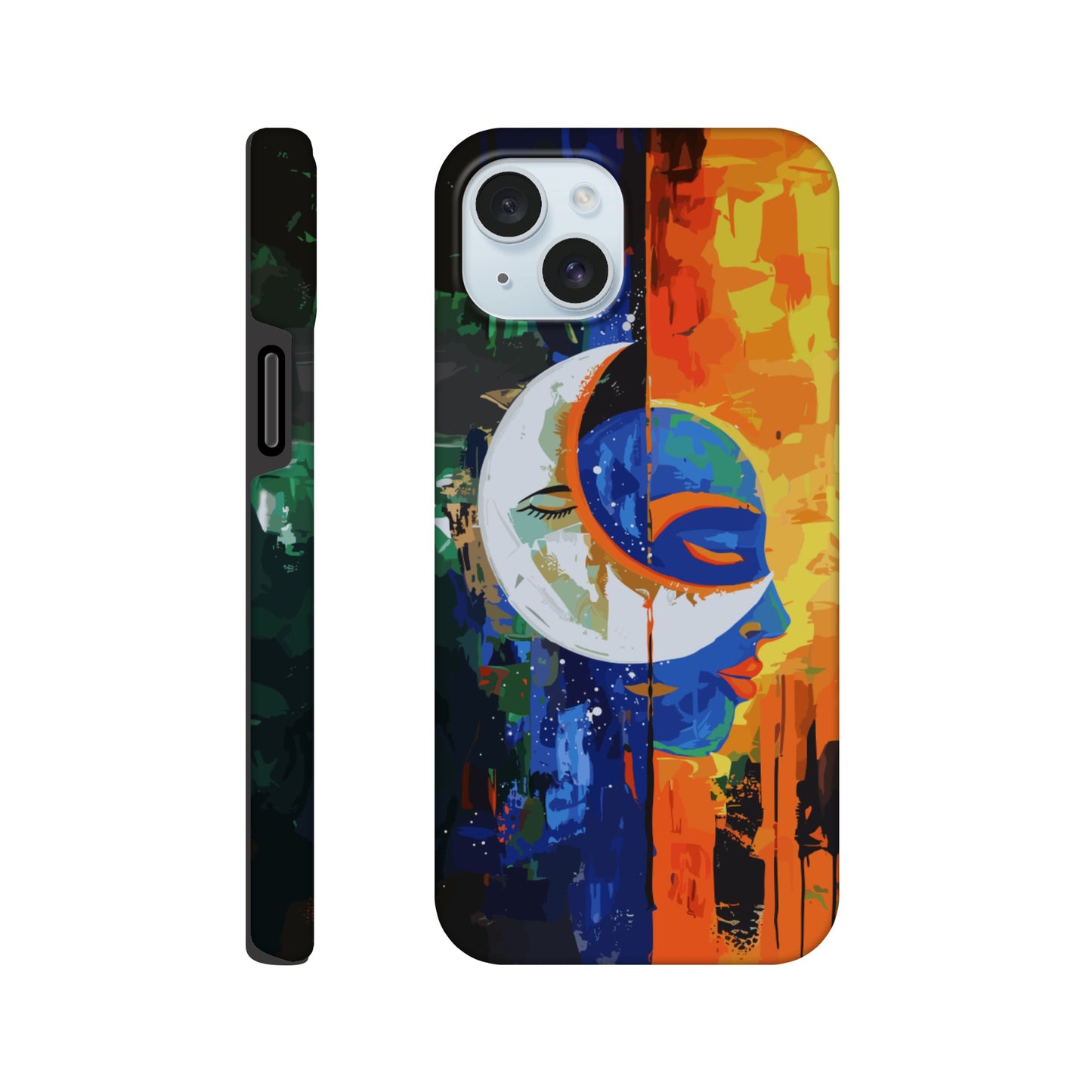 An Apple iPhone 15 Plus Phone Case with the following design on it - Abstract painting of a crescent moon and sun in the sky, half is orange blue green color with black silhouette of either a female or male face, other side has bright vibrant colors, abstract, modern art style