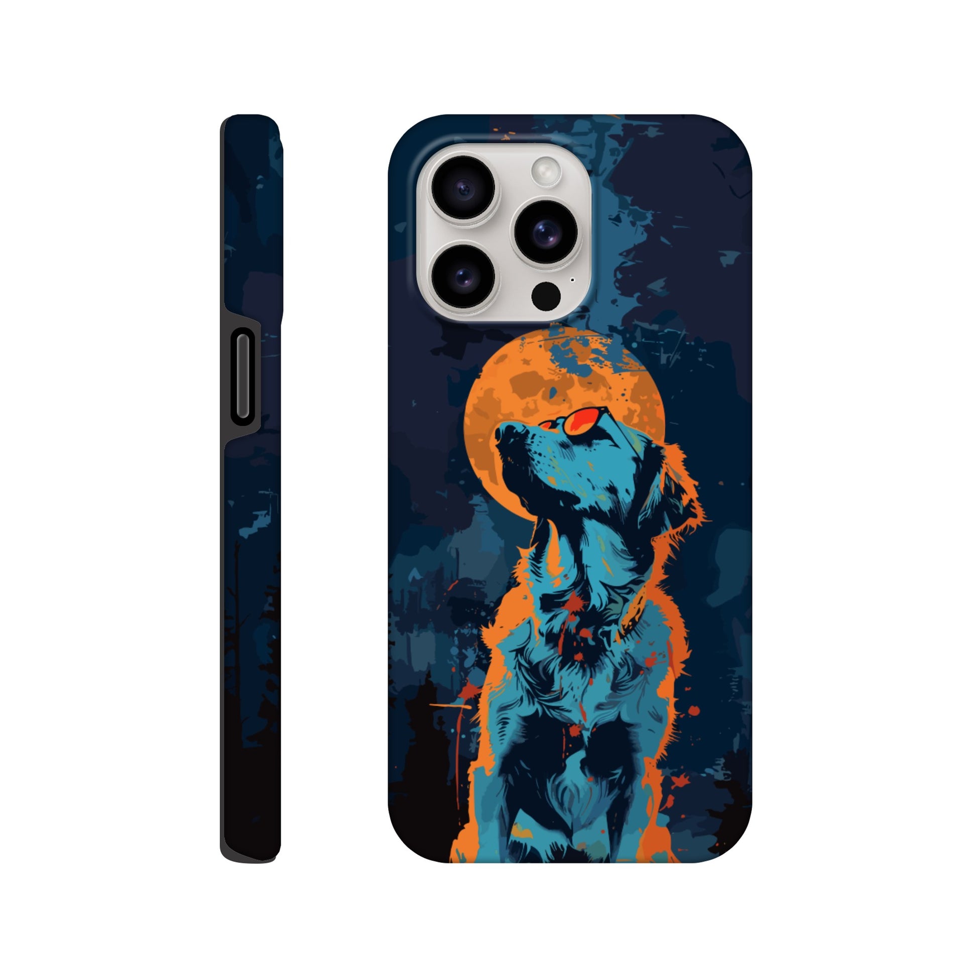 An Apple iPhone 15 Pro Max Phone Case with the following design on it - A golden retriever dog with the moon behind it in a blue and orange color scheme, a night forest background, flat vector art with dark blue and light amber colors, a cyberpunk aesthetic