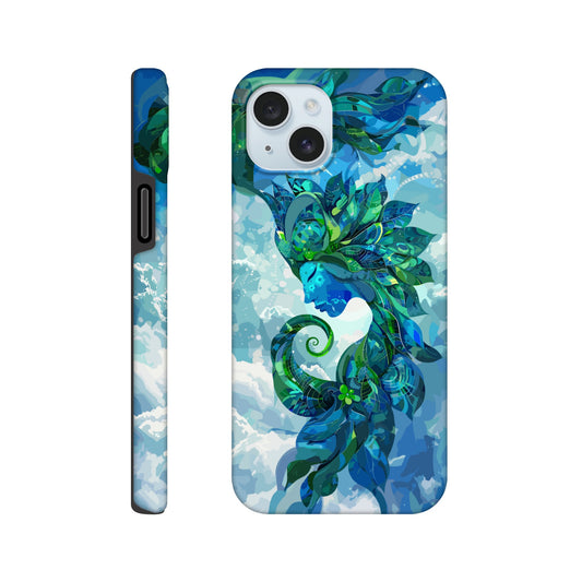 An Apple iPhone 15 Plus Phone Case with the following design on it: digital illustration of the symbol for the Zodiac symbol for Virgo, abstract Maiden, swirling in the sky with clouds and blue background, vibrant green and dark blues, digital art style, detailed shading, intricate details, fantasy elements, fantasy-inspired designs, fantasy realism