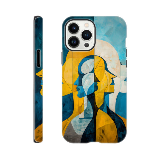 An Apple iPhone 13 Pro Max Phone Case with the following design on it - the Gemini Astrological sign depicting twins facing away from one another, the twins are of no specific sexual or ethnic orientation, yellow, baby blue, white, cubism