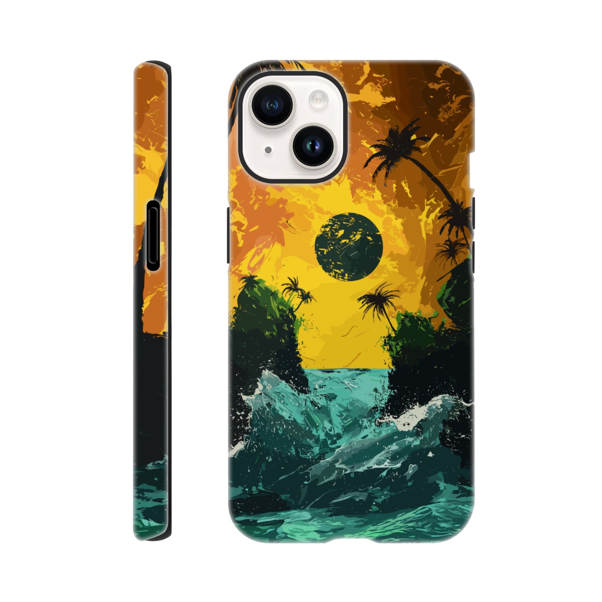 An Apple iPhone 14 Phone Case with the following design on it - Two green islands separated by a violent royal green sea: yellow orangish sky: black sun, alien looking palm trees, surrealism