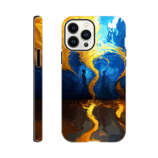 An iPhone 13 Pro Max Phone Case with the following design on it -An abstract image of flowing thunder/lightning and waves. The colors of blue, orange, and yellow. There are two human forms facing each other in the middle of the image.