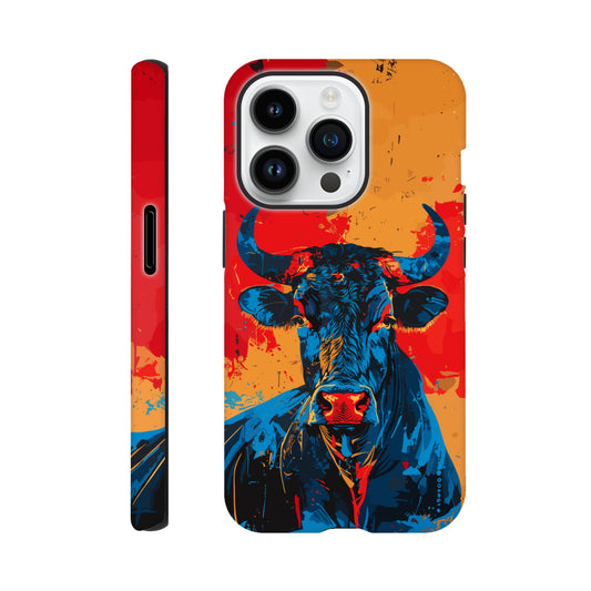 An Apple iPhone 14 Pro Phone Case with the following design on it: Abstract blue bull on a red background in the style of urban graffiti, the Bull is the symbol for the astrological sign of Taurus, flat painting with brush strokes, strong color contrast in the style of urban street art, cool and confident expression of the blue ox with an eye-catching label and strong visual impact