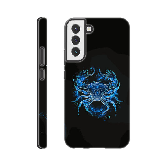 A Samsung Galaxy S22 Plus Phone Case with the following design - A simple white line drawing of the symbol for Cancer-a Crab, with blue outlines on black background. The design is minimalistic and elegant, focusing only on basic shapes to represent the zodiac sign's symbolism in astrology. It has an art deco style that highlights its curves and swirls, creating a sense of motion or energy within each curve.