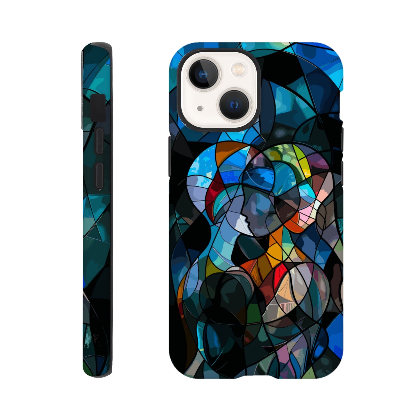 An Apple iPhone 13 Mini Phone Case with the following design: stained glass window of two people hugging, in the style of cubism, abstract shapes and lines, vibrant colors, dark background, hyper realistic 