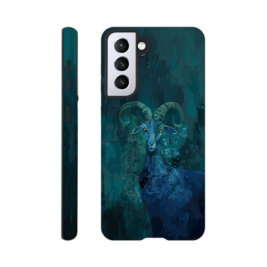 A Samsung Galaxy S21 Phone Case with the following design on it - a Sea Goat, the symbol of the zodiac sign for capricorn, fabric painting, dark green, indigo