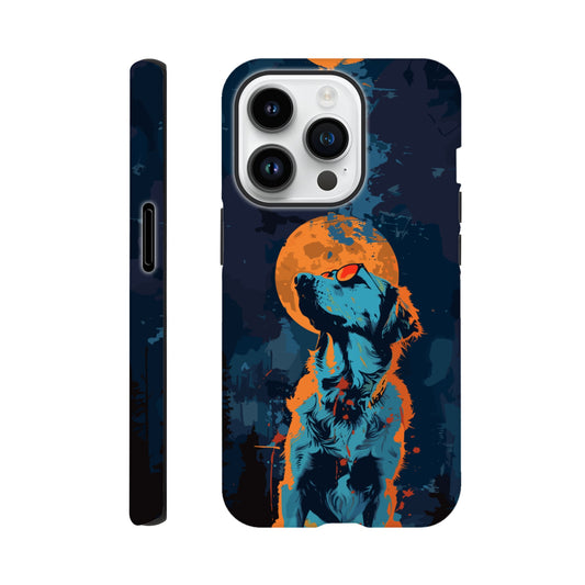 An Apple iPhone 14 Pro Phone Case with the following design on it - A golden retriever dog with the moon behind it in a blue and orange color scheme, a night forest background, flat vector art with dark blue and light amber colors, a cyberpunk aesthetic