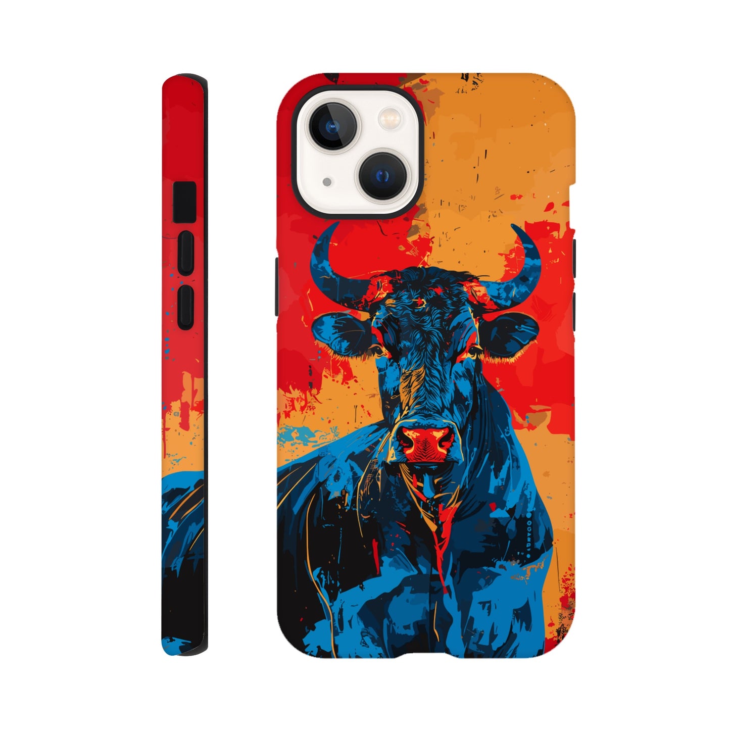 An Apple iPhone 13 Phone Case with the following design on it: Abstract blue bull on a red background in the style of urban graffiti, the Bull is the symbol for the astrological sign of Taurus, flat painting with brush strokes, strong color contrast in the style of urban street art, cool and confident expression of the blue ox with an eye-catching label and strong visual impact