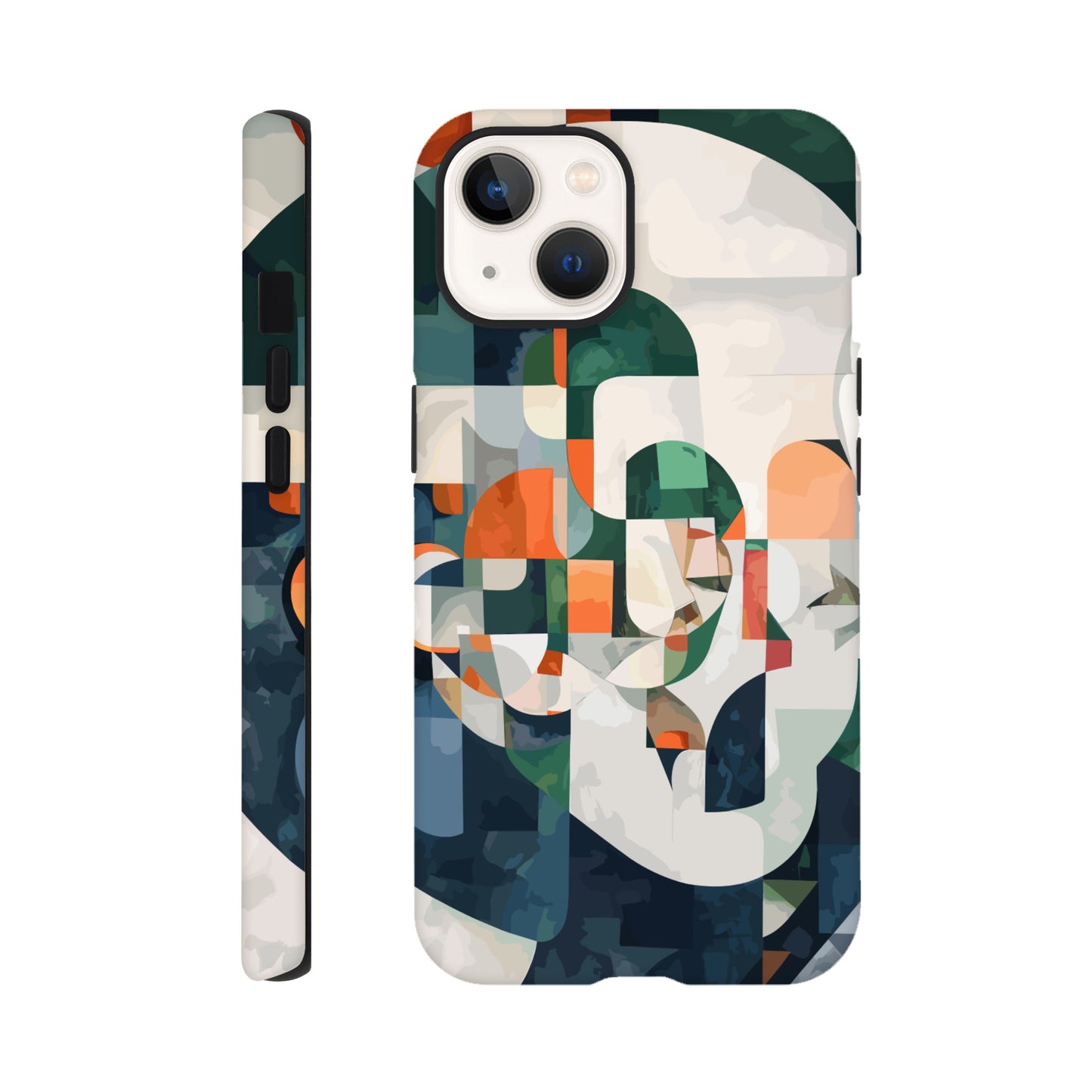 An iPhone 13 Phone Case with the following design on it -A cubist-inspired portrait. The face is composed of geometric shapes and forms, with an abstract background that features soft gradients in shades of green, orange, blue, white, and grey. Abstract patterns surround the figure to create depth and movement against an emerald color palette.