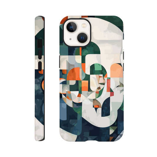 An iPhone 13 Phone Case with the following design on it -A cubist-inspired portrait. The face is composed of geometric shapes and forms, with an abstract background that features soft gradients in shades of green, orange, blue, white, and grey. Abstract patterns surround the figure to create depth and movement against an emerald color palette.